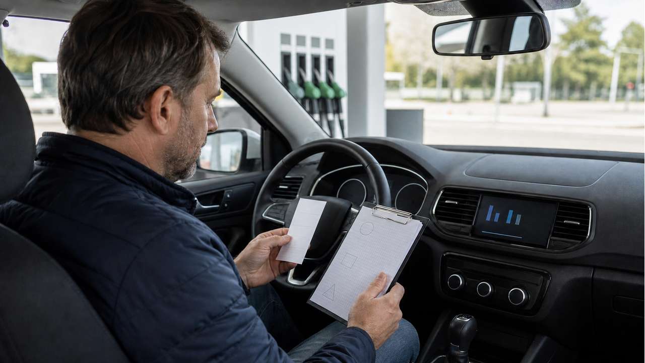 Autofahrer vergleicht Verbrauchsanzeige im Bordcomputer mit Tankbelegen