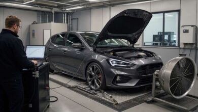 Techniker prüft Chiptuning an einem Fahrzeug auf dem Rollenprüfstand