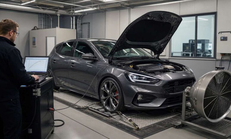 Techniker prüft Chiptuning an einem Fahrzeug auf dem Rollenprüfstand