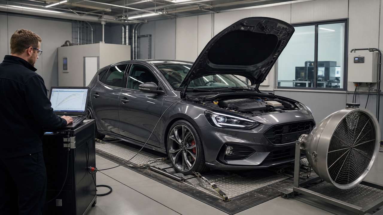 Techniker prüft Chiptuning an einem Fahrzeug auf dem Rollenprüfstand
