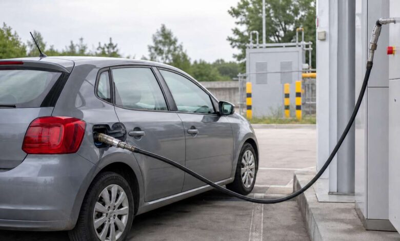 CNG-Auto mit Hochdruckkupplung an einer Erdgastankstelle