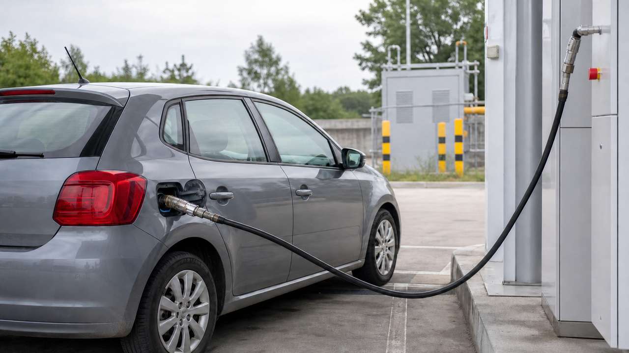 CNG-Auto mit Hochdruckkupplung an einer Erdgastankstelle