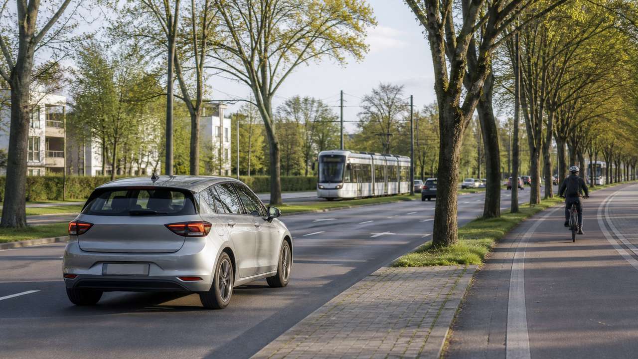Kompaktwagen, Straßenbahn und Radfahrer im Stadtverkehr