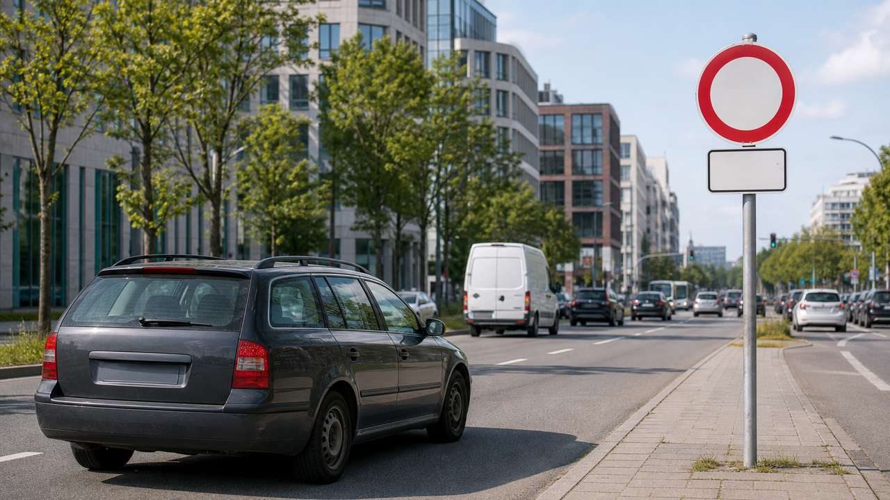 Älterer Diesel fährt auf ein städtisches Durchfahrtsverbot mit leerem Zusatzschild zu