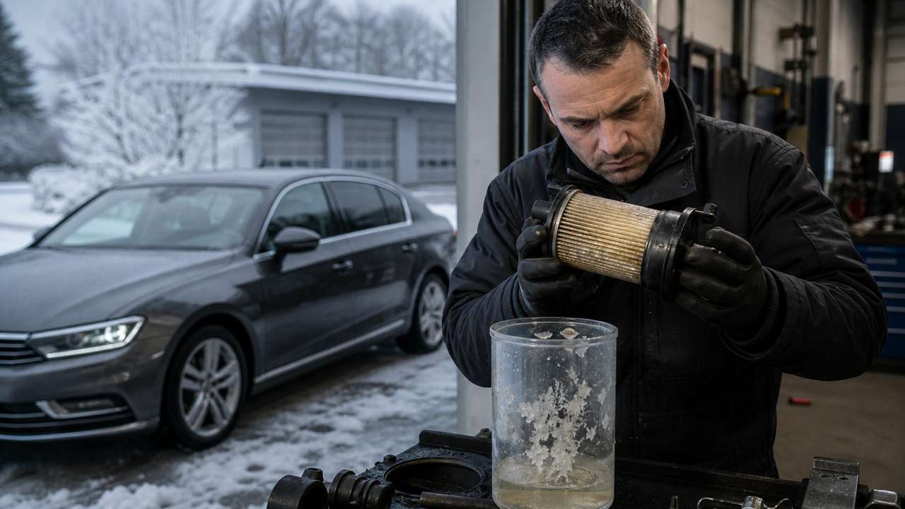 Mechaniker prüft bei Frost den Dieselfilter auf Paraffinkristalle