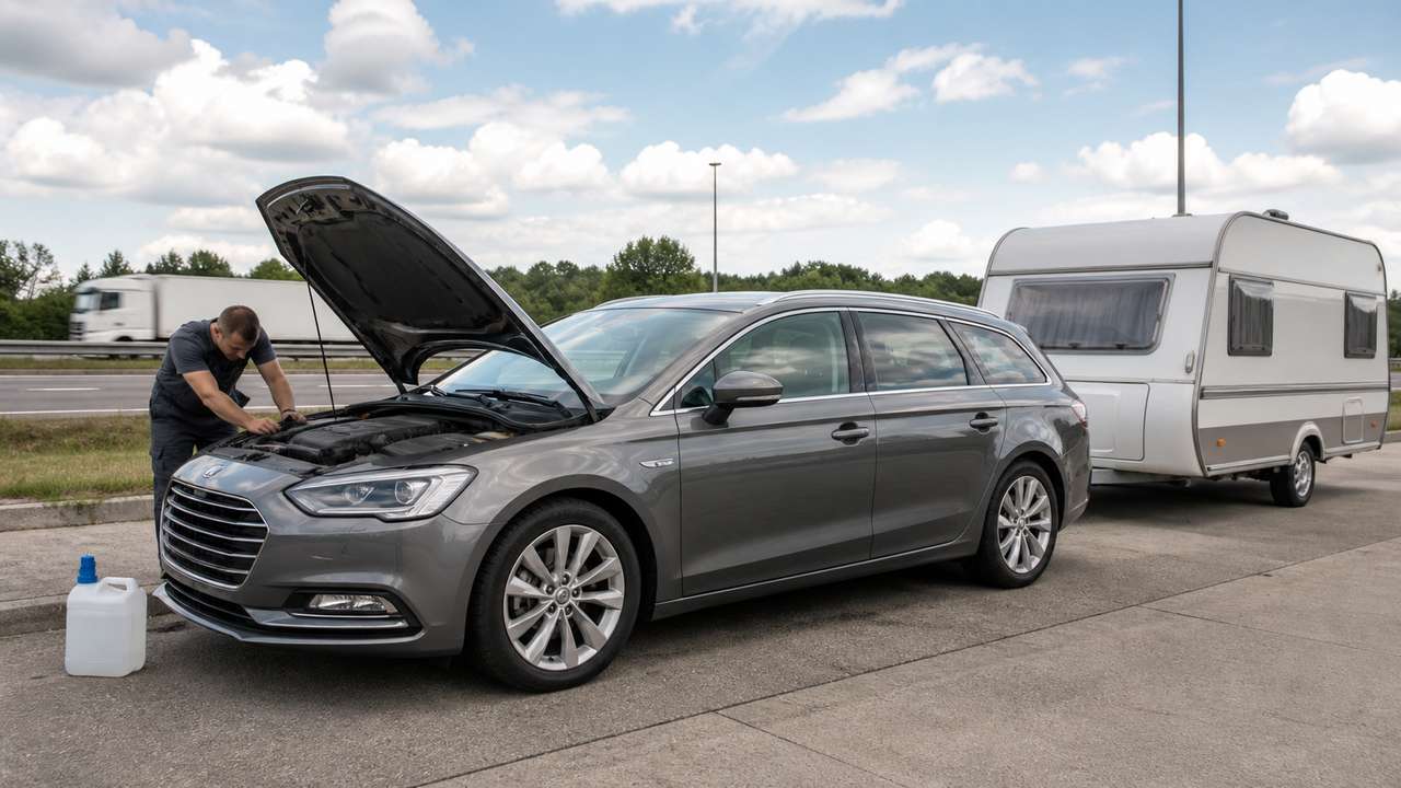 Diesel-Kombi mit Wohnwagen wird auf einem Autobahnparkplatz geprüft
