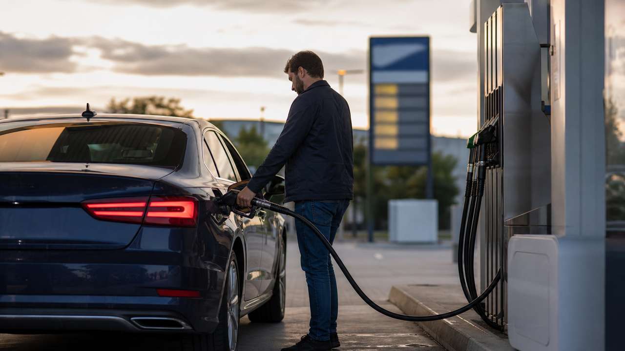 Autofahrer tankt Diesel an einer Tankstelle mit unscharfer Preisanzeige