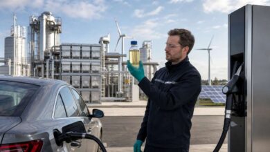 Techniker prüft synthetischen Kraftstoff an einer E-Fuel-Anlage