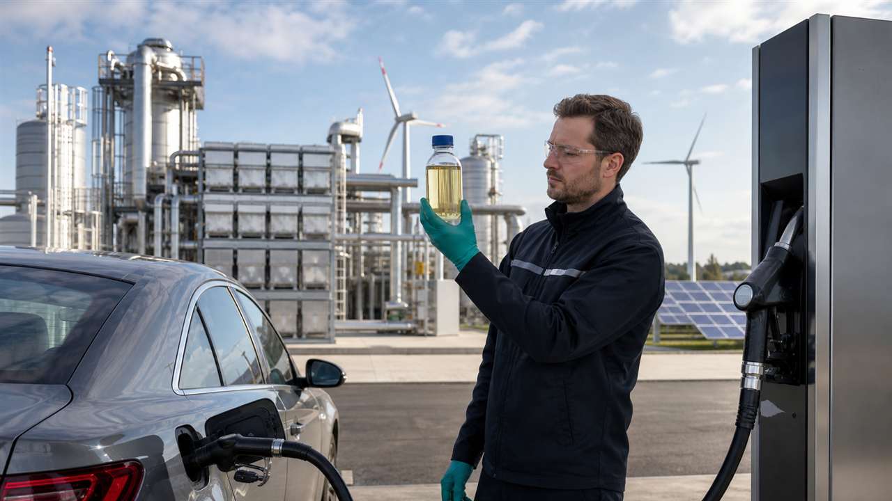 Techniker prüft synthetischen Kraftstoff an einer E-Fuel-Anlage