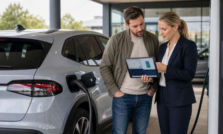 Kaufinteressent prüft ein Elektroauto an einer Ladestation