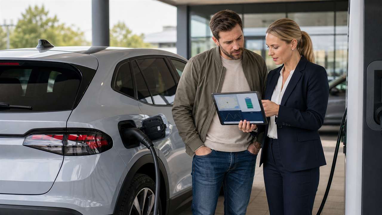 Kaufinteressent prüft ein Elektroauto an einer Ladestation
