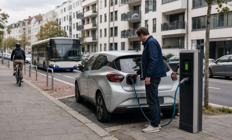 Elektroauto lädt am Straßenrand neben Bus und Radverkehr
