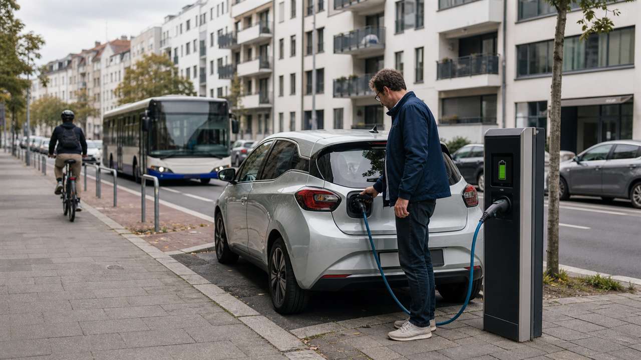Elektroauto lädt am Straßenrand neben Bus und Radverkehr