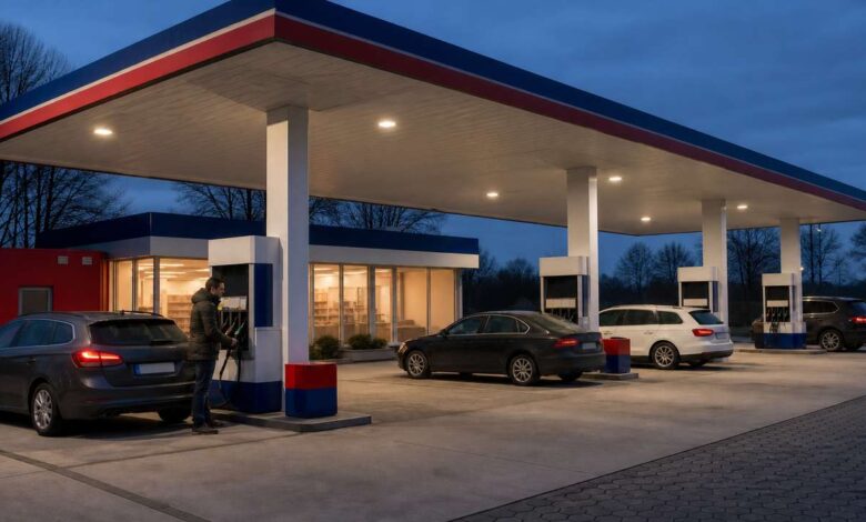 Markenfreie Tankstelle am Abend als Symbol für Esso Tankstellen in Deutschland