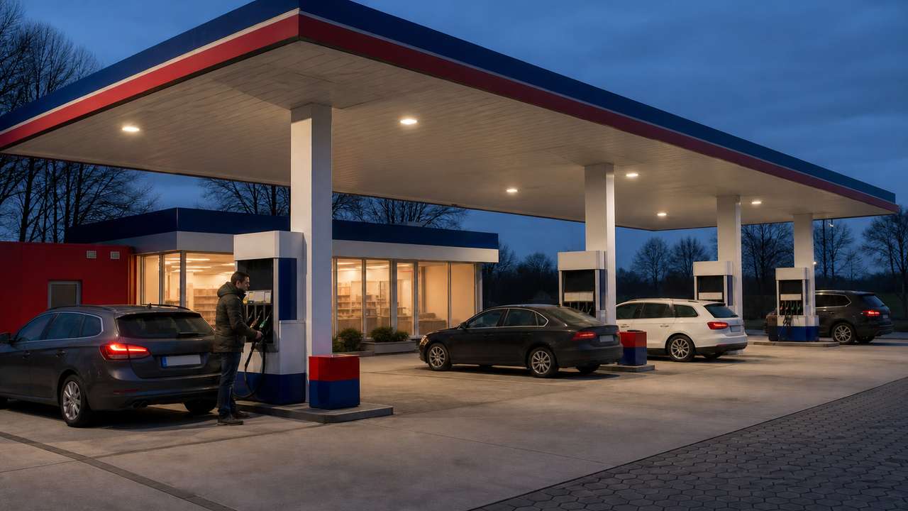 Markenfreie Tankstelle am Abend als Symbol für Esso Tankstellen in Deutschland