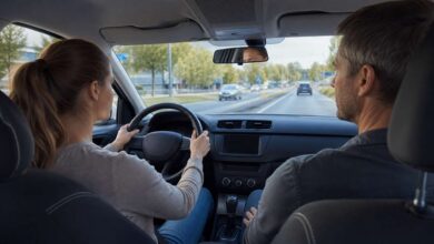 Fahranfängerin übt sicheres Autofahren mit einer erfahrenen Begleitperson