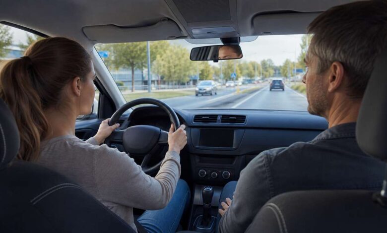 Fahranfängerin übt sicheres Autofahren mit einer erfahrenen Begleitperson