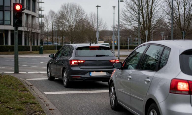 Zwei Autos stehen mit knappem Abstand vor einer roten Ampel