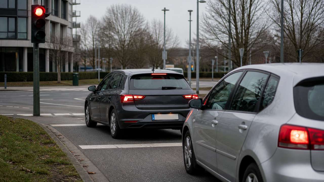 Zwei Autos stehen mit knappem Abstand vor einer roten Ampel