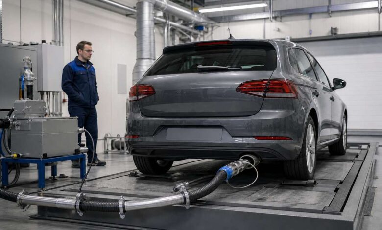 Benziner bei einer professionellen Partikelmessung im Abgaslabor