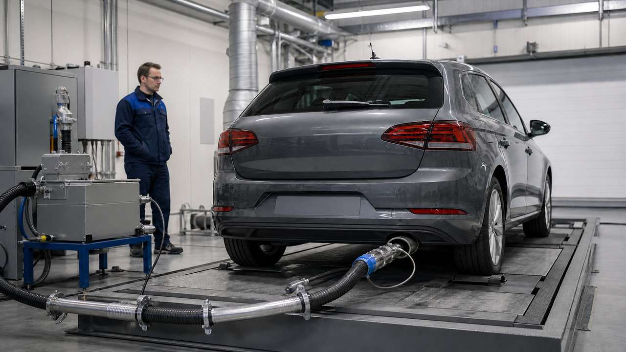 Benziner bei einer professionellen Partikelmessung im Abgaslabor
