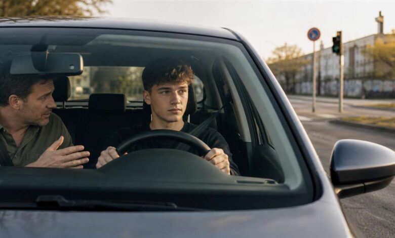 Junger Fahranfänger übt verantwortungsbewusst mit einem erfahrenen Begleiter