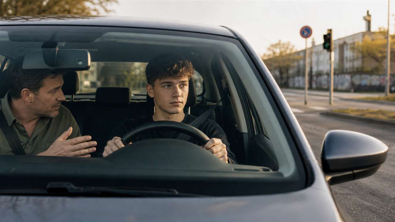 Junger Fahranfänger übt verantwortungsbewusst mit einem erfahrenen Begleiter