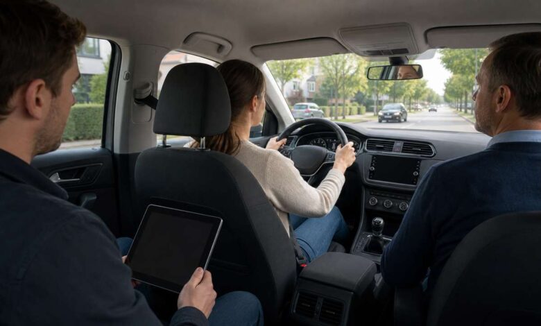 Fahrschüler absolviert die praktische Führerscheinprüfung mit Fahrlehrer und Prüfer