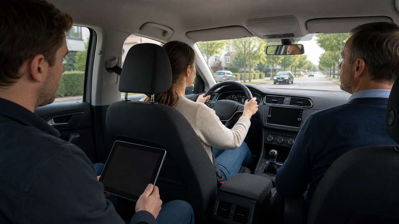 Fahrschüler absolviert die praktische Führerscheinprüfung mit Fahrlehrer und Prüfer