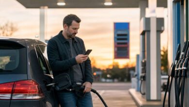 Autofahrer vergleicht beim Tanken am Abend aktuelle Preise per Smartphone