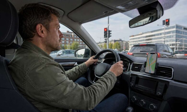 Autofahrer blickt nach vorn, Smartphone steckt in einer Halterung