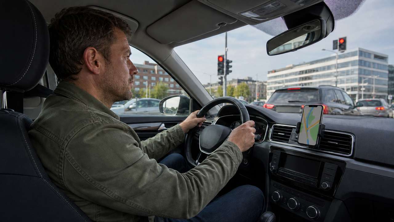 Autofahrer blickt nach vorn, Smartphone steckt in einer Halterung