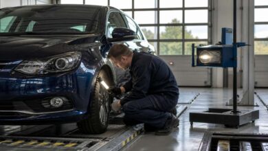 Prüfingenieur kontrolliert bei der Hauptuntersuchung Rad, Bremse und Fahrwerk eines Pkw