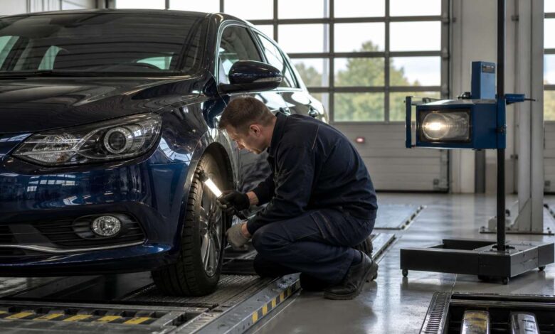 Prüfingenieur kontrolliert bei der Hauptuntersuchung Rad, Bremse und Fahrwerk eines Pkw