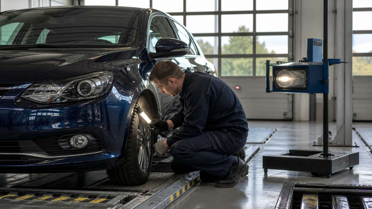Prüfingenieur kontrolliert bei der Hauptuntersuchung Rad, Bremse und Fahrwerk eines Pkw