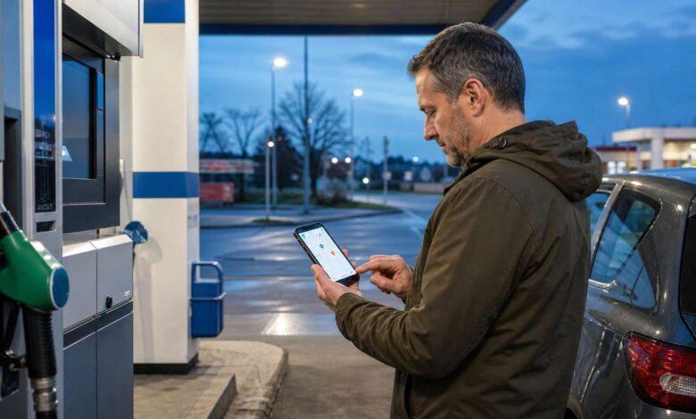 Autofahrer vergleicht vor einer HEM Tankstelle die Spritpreise per App
