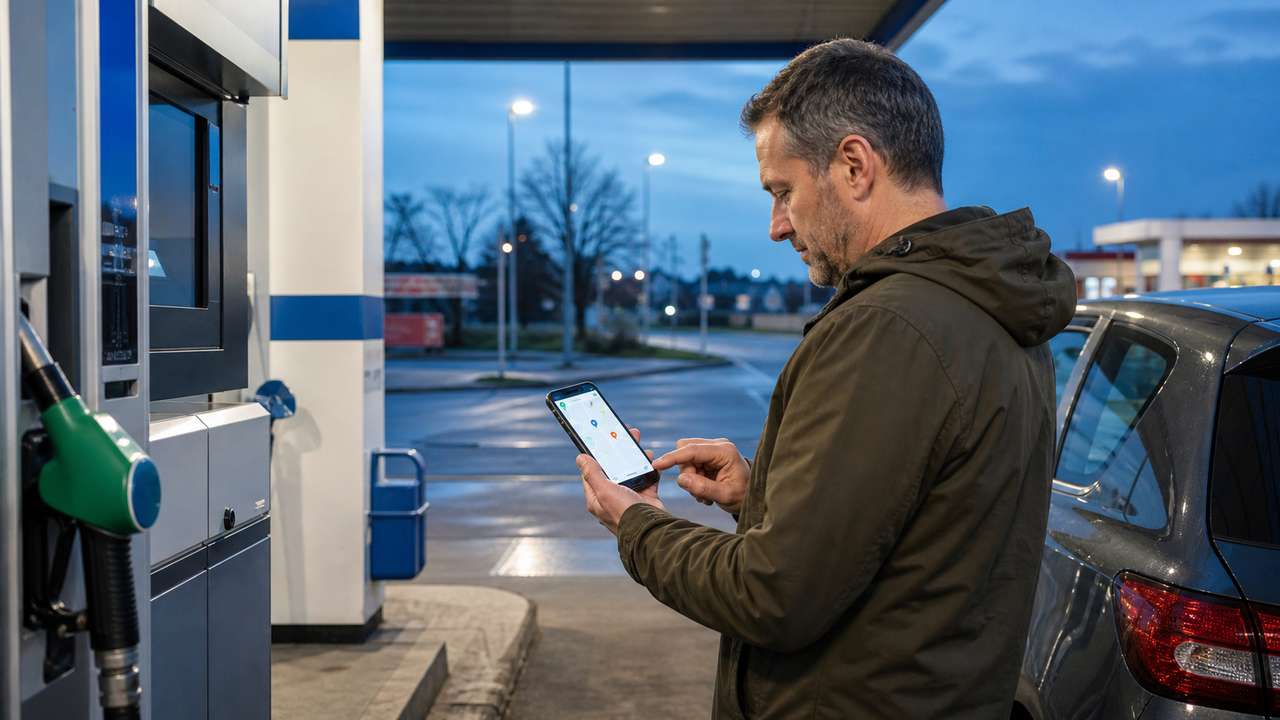 Autofahrer vergleicht vor einer HEM Tankstelle die Spritpreise per App