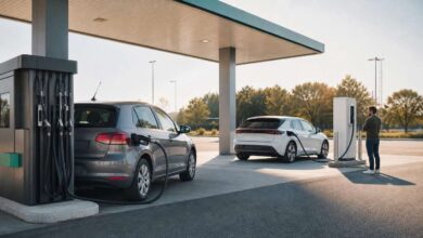 Moderne JET Tankstelle mit Zapfsäule und Schnellladepunkt für Elektroautos