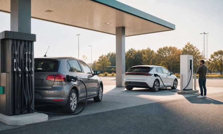 Moderne JET Tankstelle mit Zapfsäule und Schnellladepunkt für Elektroautos