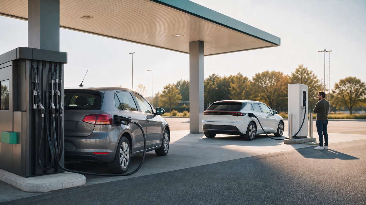 Moderne JET Tankstelle mit Zapfsäule und Schnellladepunkt für Elektroautos