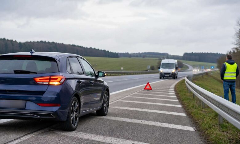 Auto mit Warnblinker und Warndreieck bei einer Panne auf der Autobahn