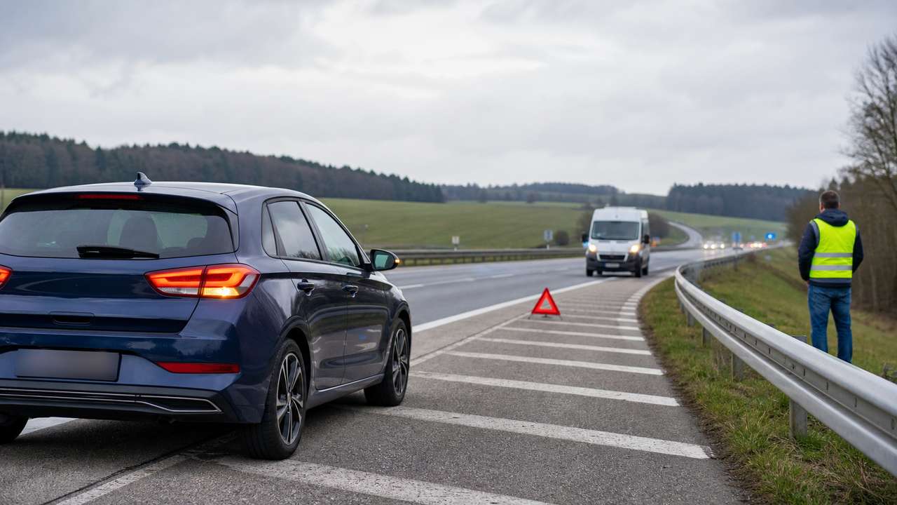 Auto mit Warnblinker und Warndreieck bei einer Panne auf der Autobahn