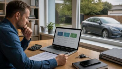 Autofahrer vergleicht Kfz-Versicherung am Laptop