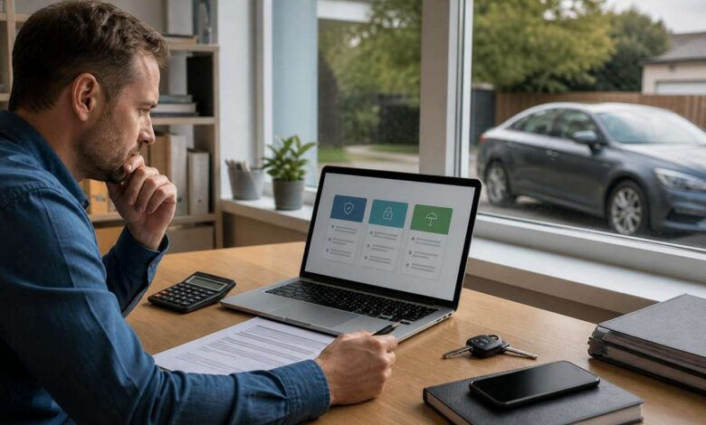 Autofahrer vergleicht Kfz-Versicherung am Laptop