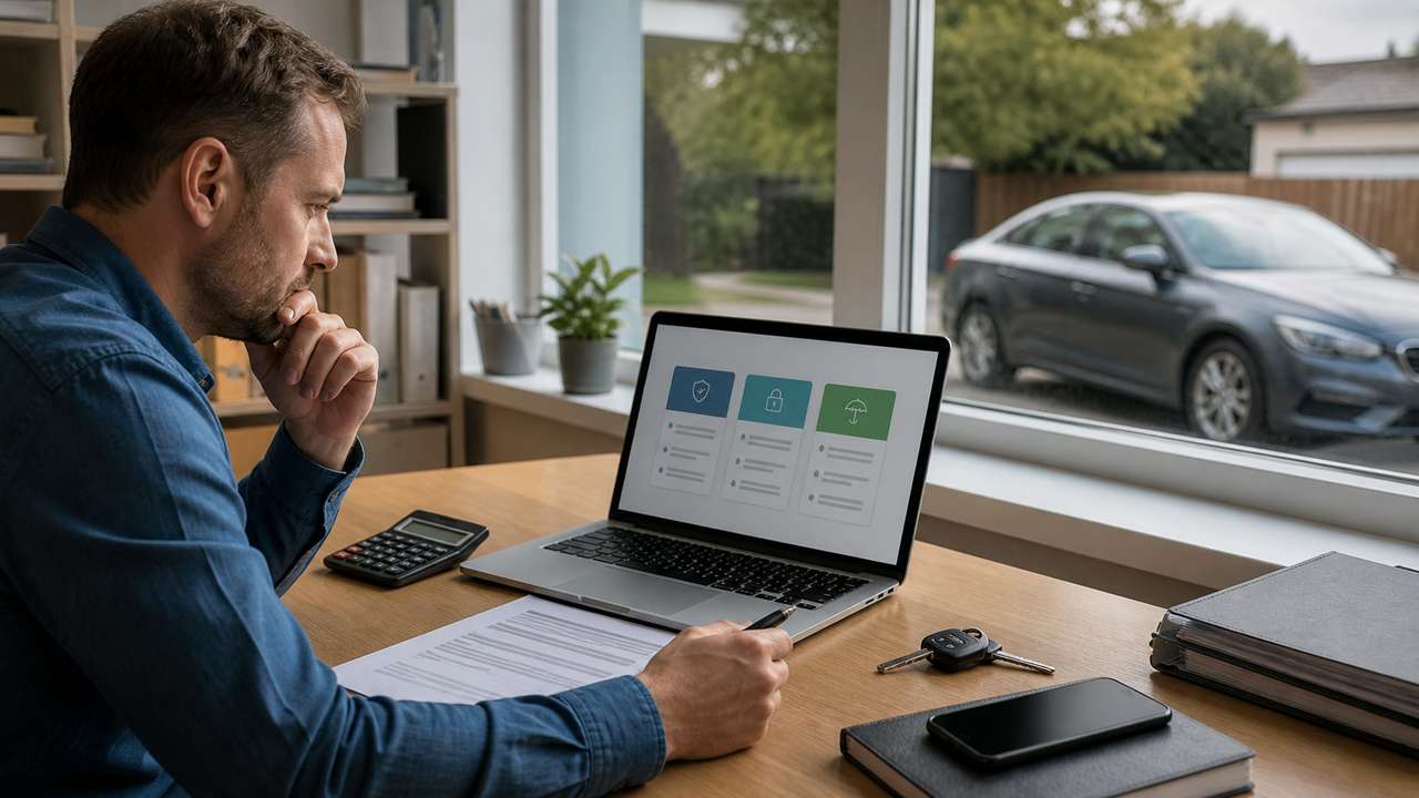 Autofahrer vergleicht Kfz-Versicherung am Laptop