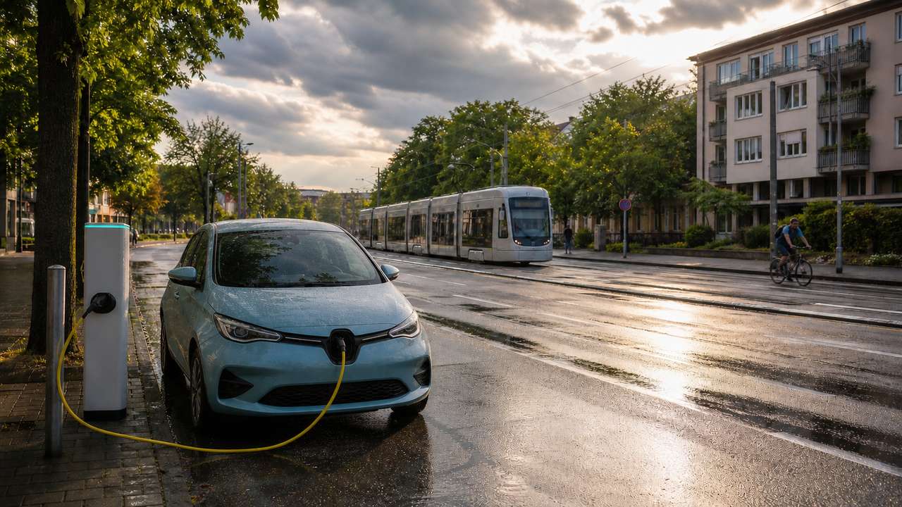 Elektroauto, Straßenbahn und Radverkehr nach einem Sommerregen