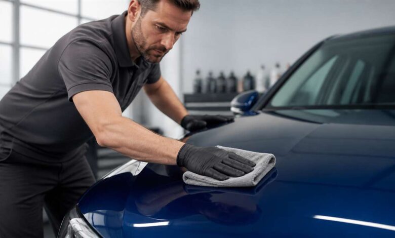 Fahrzeugaufbereiter pflegt den blauen Autolack mit einem Mikrofasertuch
