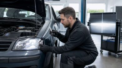 Kfz-Techniker rüstet eine LED-Lampe am Scheinwerfer eines Autos fachgerecht nach