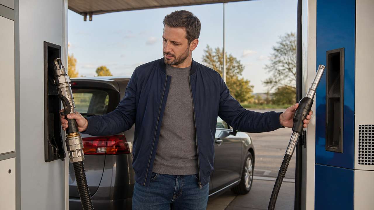 Autofahrer vergleicht LPG- und CNG-Zapfpistolen an einer Gastankstelle