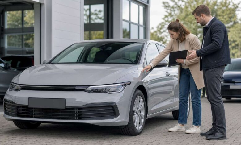 Käuferin und Händler prüfen einen neuen Wagen bei der Übergabe